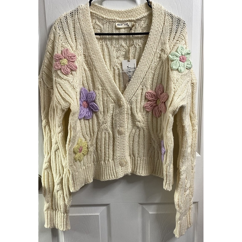 New In Women Floral Cardigan Button Up Sweater Ivory Pink Purple Yellow L-NWT